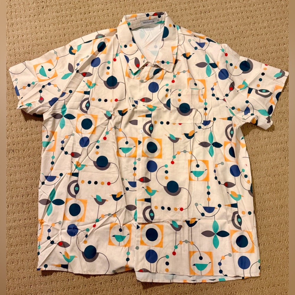 NWT MISSLOOK Cream Geometric Button-Down Shirt, Sz XXL, Orig $60